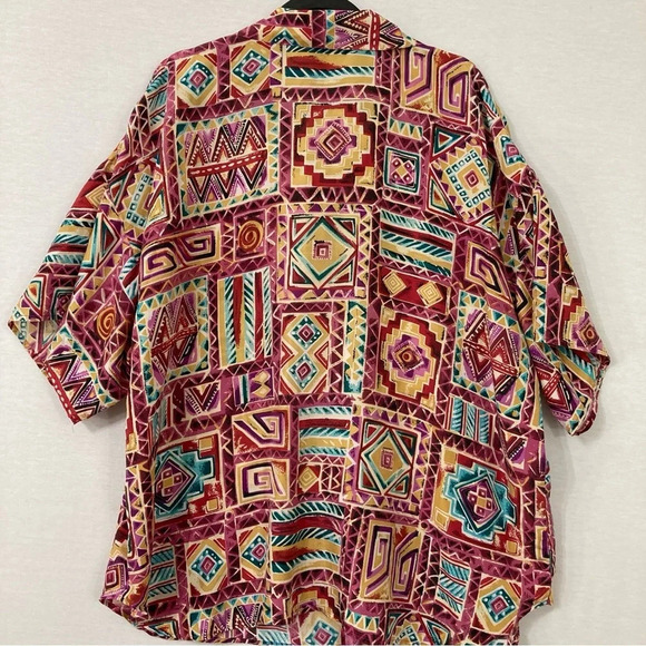Vintage Melrose Abstract Print Geometric 100% Silk Short Sleeve Button Down 2X - Picture 7 of 9